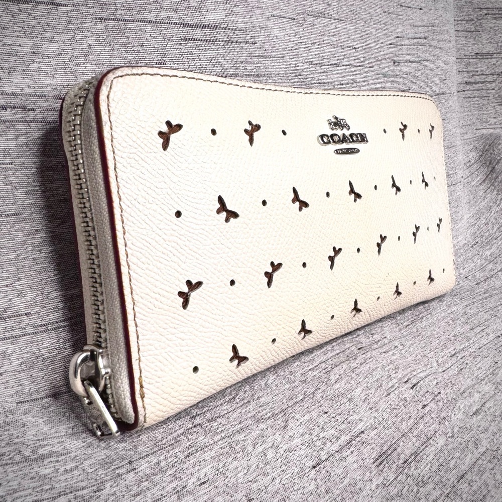 Coach Chalk White Perforated Butterfly Long Accordion Zip Wallet w/ Red Piping - Picture 4 of 11
